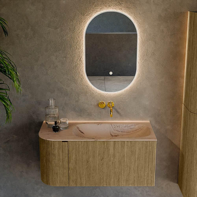 MONDIAZ KURVE-DLUX 95cm badmeubel ronding Links kleur Dusk met 1 lade en 1 deur. Wastafel BIG SMALL Rechts zonder kraangat Arena.