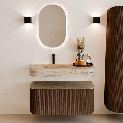 MONDIAZ THOR-DLUX 100cm badmeubel ronding links + rechts kleur Walnut met 1 lade en 2 deuren. Vrijhangende wastafel CLOUD Links 1 kraangat kleur Arena.