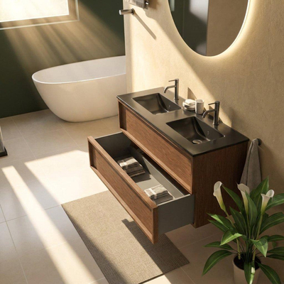 Saniclass Holz Frame Ensemble de meubles de salle de bains - 120x45x62cm - Vasque Vygo en céramique noire - 2 vasques - 2 trous de robinet - 2 tiroirs - walnut pure mat (bois)