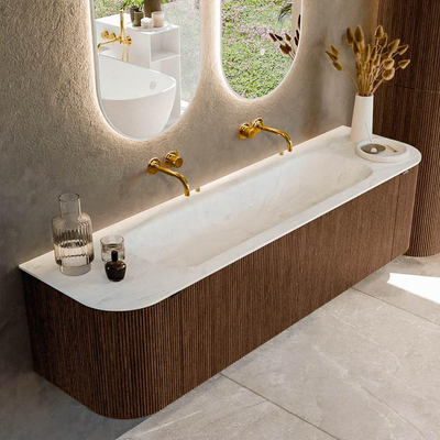 MONDIAZ KURVE-DLUX 170cm badmeubel met module 25 Len R kleur Walnut met 1 lade en 2 deuren. Wastafel BIG LARGE midden zonder kraangat kleur Opalo.