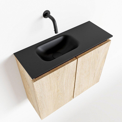 MONDIAZ TURE Fonteinset - 60x23x50cm - 0 kraangaten - 2 deuren - washed oak mat - Wasbak links - Solid Surface Zwart