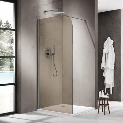 FugaFlow Eccelente Vetro Douche à l'italienne - 90x200cm - paroi de verre arrondie - verre fumé - bras mural - PVD gunmetal brossé