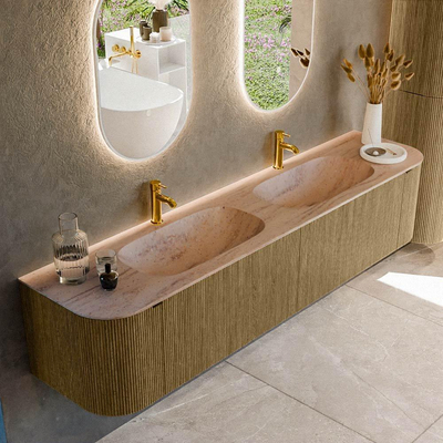 MONDIAZ KURVE-DLUX Meuble de salle de bains 200cm arrondi Gauche + Droite couleur Dusk avec 2 tiroirs et 2 portes. Lavabo STOR SMALL Double 2 trous de robinet Saba.