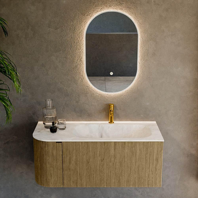 Mondiaz KURVE-DLUX Badkamermeubelset - 105x46x40cm - 1 lade - 1 deur - wastafel solid surface - rechts - 1 kraangat - Dusk