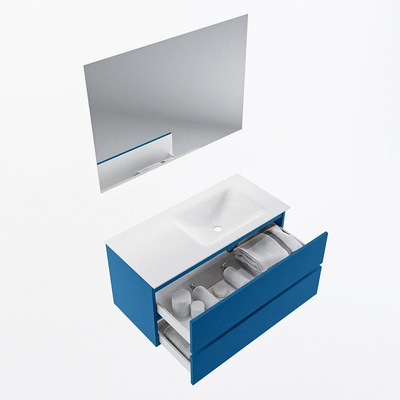 Mondiaz VICA ensemble de meuble de salle de bain - 100cm - meuble sous-vasque jeans - 2 tiroirs - lavabo cloud droite - 1 trou de robinet - couleur talc - miroir LED - version XL 60cm haut