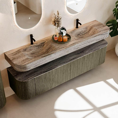 MONDIAZ THOR-DLUX Meuble de salle de bains - 190cm - arrondi gauche + droite - couleur Shadow - 2 tiroirs et 2 portes - Vasque suspendue CLOUD Double 2 trous de robinet - couleur Oza