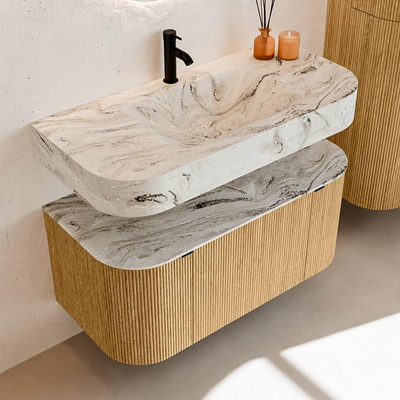 MONDIAZ THOR-DLUX 100cm badmeubel ronding links + rechts kleur Oak met 1 lade en 2 deuren. Vrijhangende wastafel CLOUD Midden 1 kraangat kleur Glace.