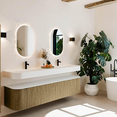 MONDIAZ THOR 200cm meuble de salle de bains arrondi gauche + droite couleur Dusk avec 2 tiroirs et 2 portes. Vasque suspendue CLOUD Double 2 trous de robinet couleur Talc.