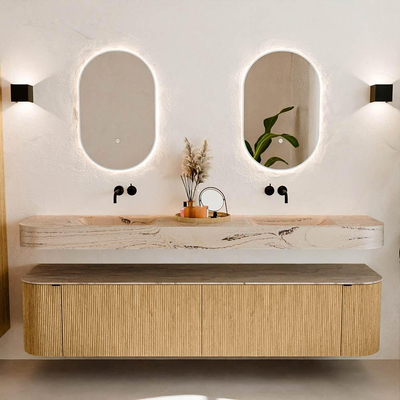 MONDIAZ THOR-DLUX 200cm meuble de salle de bains arrondi gauche + droite couleur Chêne avec 2 tiroirs et 2 portes. Vasque suspendue CLOUD Double sans trou de robinet couleur Arena.