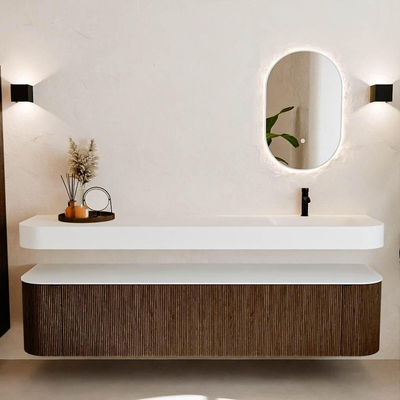 MONDIAZ THOR Meuble de salle de bains 200cm arrondi gauche + droite couleur Walnut avec 2 tiroirs et 2 portes. Vasque suspendue CLOUD Droite 1 trou de robinet couleur Talc.