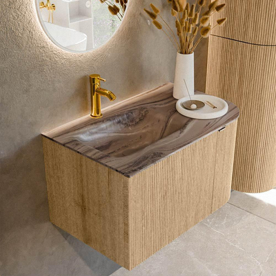 MONDIAZ KURVE-DLUX 75cm meuble de salle de bains arrondi droit couleur chêne avec 1 tiroir et 1 porte. Lavabo GRUNNE gauche 1 trou de robinet Sombra.