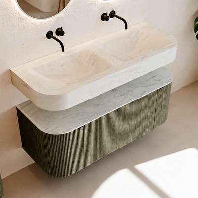 MONDIAZ THOR-DLUX 120cm meuble de salle de bains arrondi gauche + droite couleur Shadow avec 1 tiroir et 2 portes. Vasque suspendue CLOUD Double sans trou de robinet couleur Opalo.