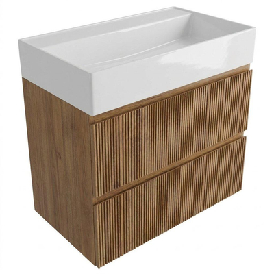 Saniclass Holz Atelier Ensemble de meubles de salle de bains - 80x45x72cm - lavabo Legend en céramique blanc - 1 vasque - sans trou de robinet - 2 tiroirs - chêne natural mat (bois)