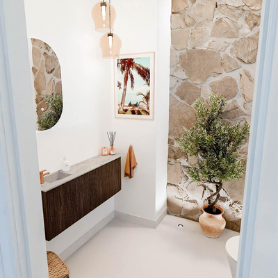 Mondiaz JOYA-DLUX 111.6cm toiletmeubel - ronding rechts kleur Walnut - Wastafel FAYE positie Links 1 kraangat kleur Glace.