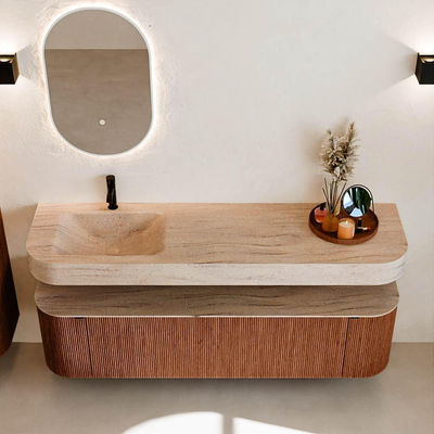 MONDIAZ THOR-DLUX 170cm meuble de salle de bains arrondi gauche + droite couleur Ruby avec 1 tiroir et 2 portes. Vasque suspendue CLOUD Gauche 1 trou de robinet couleur Saba.