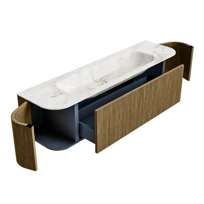 Mondiaz KURVE-DLUX Badkamermeubelset - 170x46x40cm - 1 lade - 2 deuren - wastafel solid surface - midden - 2 kraangaten - Dusk