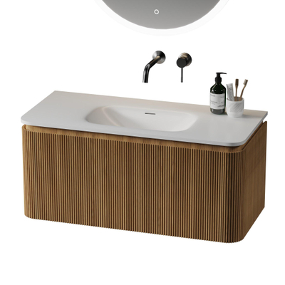Saniclass Terra Edge Wastafelonderkast- 100cm - ribbel - 2 lades - afgeronde hoeken - sandwood (licht eiken)