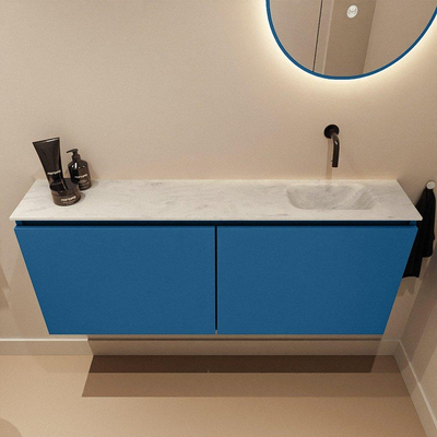 MONDIAZ TURE-DLUX Meuble toilette - 120cm - Jeans - EDEN - vasque Opalo - position droite - sans trou de robinet