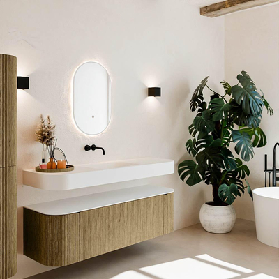 MONDIAZ THOR Meuble de salle de bains 150cm arrondi gauche + droite couleur Dusk avec 1 tiroir et 2 portes. Vasque suspendue CLOUD Centre sans trou de robinet couleur Talc.