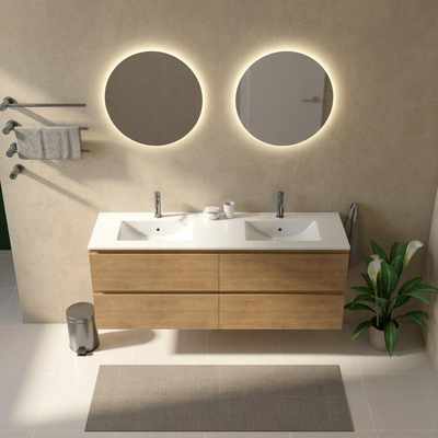 Saniclass Holz Pure Ensemble de meubles de salle de bains - 160x45x62cm - Lavabo Vygo en céramique blanc - 2 vasques - 2 trous de robinetterie - 4 tiroirs - chêne natural mat (bois)