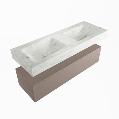 Mondiaz ALAN-DLUX Ensemble de meuble - 130cm - meuble Smoke mat - 1 tiroir - Lavabo Cloud Opalo suspendu - vasque Gauche et droite - 2 trous de robinet