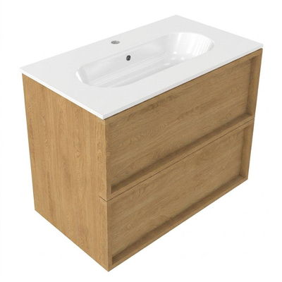 Saniclass Holz Frame Ensemble meuble de salle de bains - 80x45x73.9cm - Lavabo en céramique Chaci blanc - 1 vasque - 1 trou de robinet - 2 tiroirs - chêne natural mat (bois)