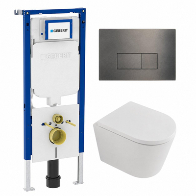 QeramiQ Dely Toiletset - 36.3x51.7cm - diepspoel - rimless - Geberit UP720 inbouwreservoir - softclose toilet zitting - 35mm - gunmetal bedieningsplaat - rechthoekige knoppen - mat wit
