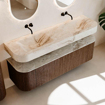 MONDIAZ THOR-DLUX 160cm meuble de salle de bains arrondi gauche + droite couleur Walnut avec 1 tiroir et 2 portes. Vasque suspendue CLOUD Double sans trou de robinet couleur Frappe.