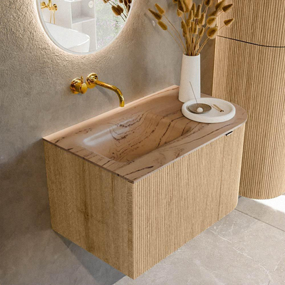 MONDIAZ KURVE-DLUX 75cm badmeubel ronding Rechts kleur Oak met 1 lade en 1 deur. Wastafel GRUNNE Links zonder kraangat Arena.