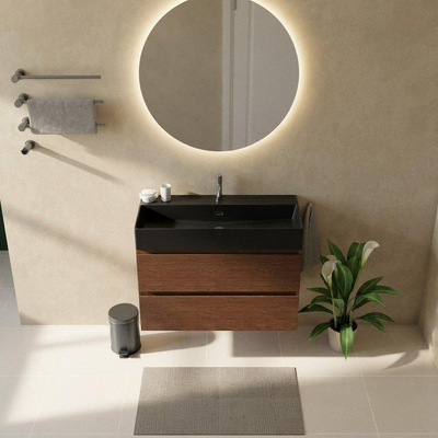 Saniclass Holz Pure Badkamermeubelset - 100x45x72cm - Legend keramische wastafel mat zwart - 1 wasbak - 1 kraangat - 2 lades - mat walnut pure (hout)