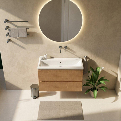 Saniclass Holz Atelier Ensemble meuble de salle de bains - 100x45x63.5cm - lavabo Bari en céramique blanc - 1 vasque - sans trou de robinetterie - 2 tiroirs - chêne natural mat (bois)