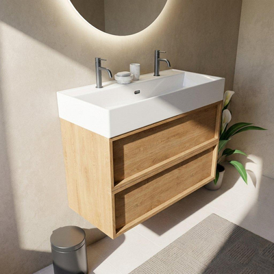 Saniclass Holz Frame Ensemble meuble de salle de bains - 100x45x72cm - Legend lavabo en céramique blanc - 1 vasque - 2 trous de robinet - 2 tiroirs - chêne natural mat (bois)