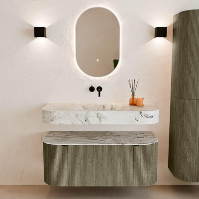 MONDIAZ THOR-DLUX 110cm meuble de salle de bains arrondi gauche + droite couleur Shadow avec 1 tiroir et 2 portes. Vasque suspendue CLOUD Milieu sans trou de robinet couleur Glace.