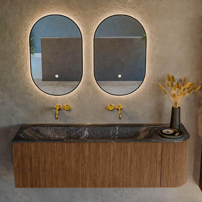 MONDIAZ KURVE-DLUX 145cm Meuble salle de bain avec module 25 D - couleur Walnut - 1 tiroir - 1 porte - vasque BIG LARGE gauche - sans trou de robinet - couleur Lava