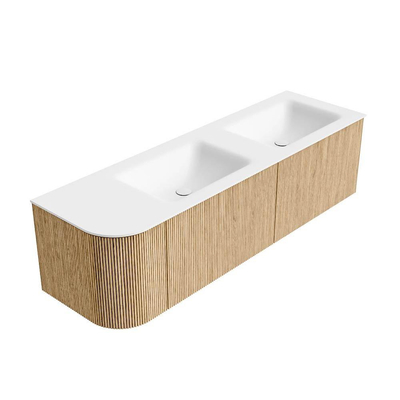 MONDIAZ KURVE 155cm Meuble salle de bain avec module 25 G - couleur Oak - 2 tiroirs - 1 porte - vasque CLOUD double / droite - 2 trous de robinet - Talc