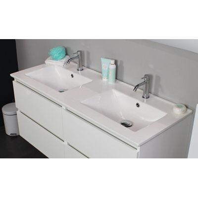 Basic Bella Meuble avec lavabo en porcelaine 2 trous de robinet 120x55x46cm avec armoire toilette à 2 portes gris Blanc brillant