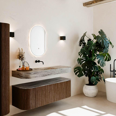 MONDIAZ THOR-DLUX 140cm meuble de salle de bains arrondi gauche + droite couleur Walnut avec 1 tiroir et 2 portes. Vasque suspendue CLOUD Milieu sans trou de robinet couleur Oza.