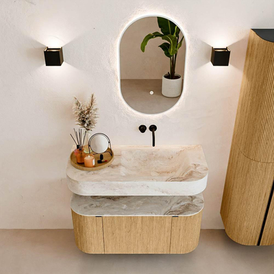 MONDIAZ THOR-DLUX 100cm badmeubel ronding links + rechts kleur Oak met 1 lade en 2 deuren. Vrijhangende wastafel CLOUD Rechts zonder kraangat kleur Frappe.