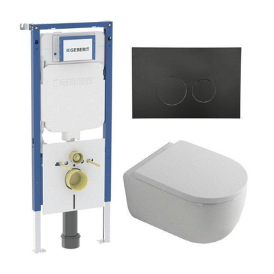 QeramiQ Dely Swirl Pack WC - 36.3x51.7cm - à fond creux - sans bride - réservoir encastré Geberit UP720 Duofix Sigma - assise 35mm - plaque de déclenchement en métal noir mat - boutons ronds - blanc mat