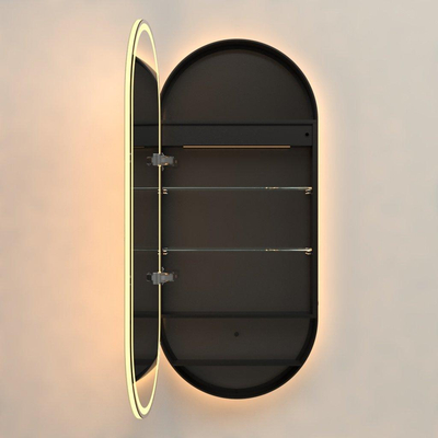 Saniclass Shine armoire de toilette – ovale – 45 x 100 x 14 cm – LED indirecte tout autour – chauffage de miroir – Noir