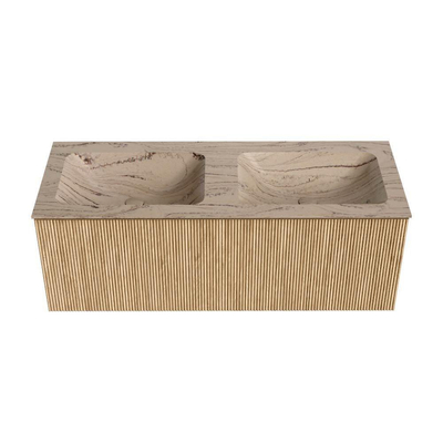 MONDIAZ KURVE-DLUX 120cm badmeubel kleur Oak met 1 lade en 0 deuren. Wastafel LEAF Dubbel 2 kraangaten Arena.