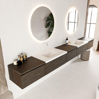 MONDIAZ BUKLA 340cm badmeubel met module 60 kleur Dark Brown met 5 lades. Wastafel CLOUD dubbel 0 kraangaten kleur Talc.
