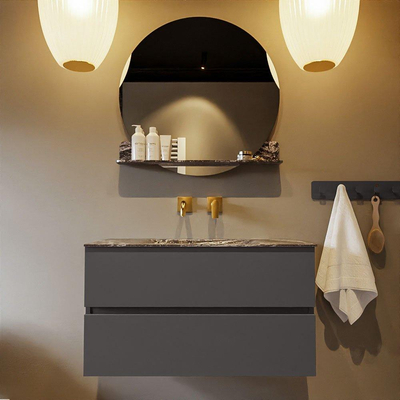 Mondiaz VICA-DLUX ensemble de meuble de salle de bain - 90cm - meuble sous-vasque gris foncé - 2 tiroirs - lavabo encastré nuage milieu - sans trous de robinet - miroir modèle spot - version XL 60cm haut - lave