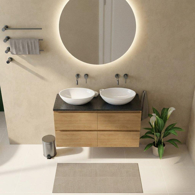 Saniclass Holz Pure Ensemble de meubles de salle de bains - 120x45x63cm - vasque en basalte Noche polie - 1 vasque - sans trou de robinet - 4 tiroirs - chêne natural mat (bois)