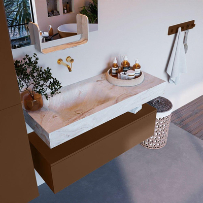 Mondiaz ALAN-DLUX Ensemble de meuble - 110cm - meuble Rust mat - 1 tiroir - Lavabo Cloud Frappe suspendu - vasque Gauche - 0 trous de robinet