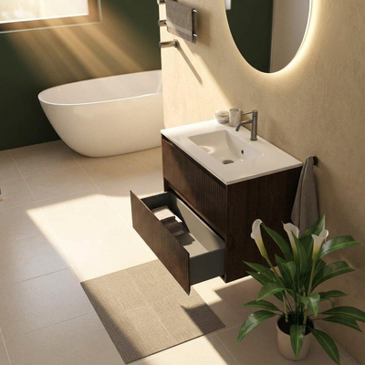 Saniclass Holz Atelier Ensemble meuble de salle de bains - 80x45x62cm - Lavabo Vygo en céramique blanc - 1 vasque - 1 trou de robinetterie - 2 tiroirs - chêne charcoal mat (bois)
