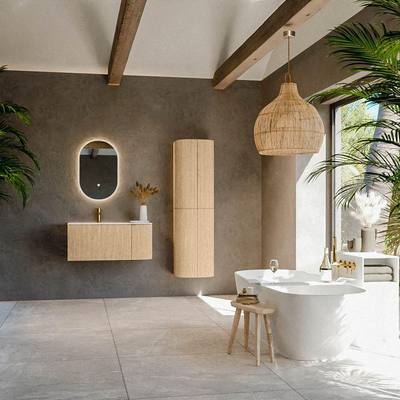 MONDIAZ KURVE Meuble de salle de bains 95 cm avec module 25 R couleur Chêne avec 1 tiroir et 1 porte. Lavabo BIG SMALL gauche 1 trou de robinet Talc.