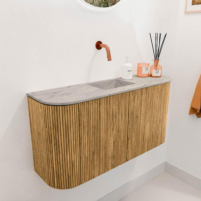 Mondiaz JOYA-DLUX 83.2cm meuble de salle de bains - arrondis gauche et droite couleur Oak - Vasque FAYE position Milieu Sans trou de robinet couleur Glace