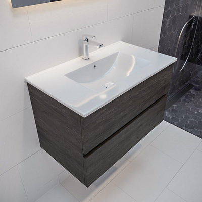 ENSEMBLE DE MEUBLE MONDIAZ VICA - 80cm - 2 tiroirs - lavabo Denia central - 1 trou de robinet - solid surface marron foncé