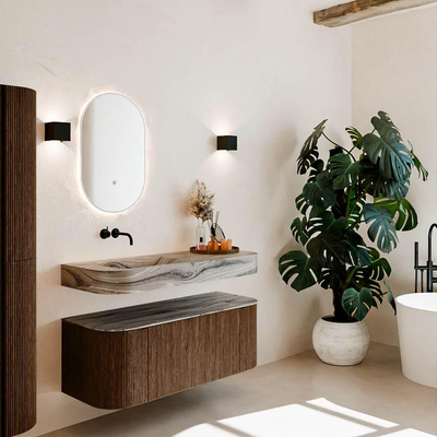 MONDIAZ THOR-DLUX 120cm meuble de salle de bains arrondi gauche + droite couleur Walnut avec 1 tiroir et 2 portes. Vasque suspendue CLOUD Gauche sans trou de robinet couleur Sombra.